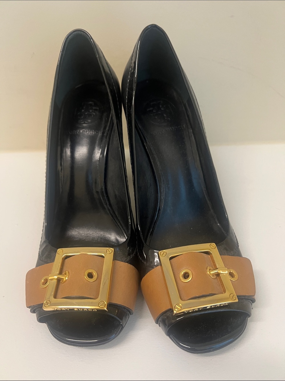 Tory Burch Black Patent Peep-Toe Pumps with Brown Buckle